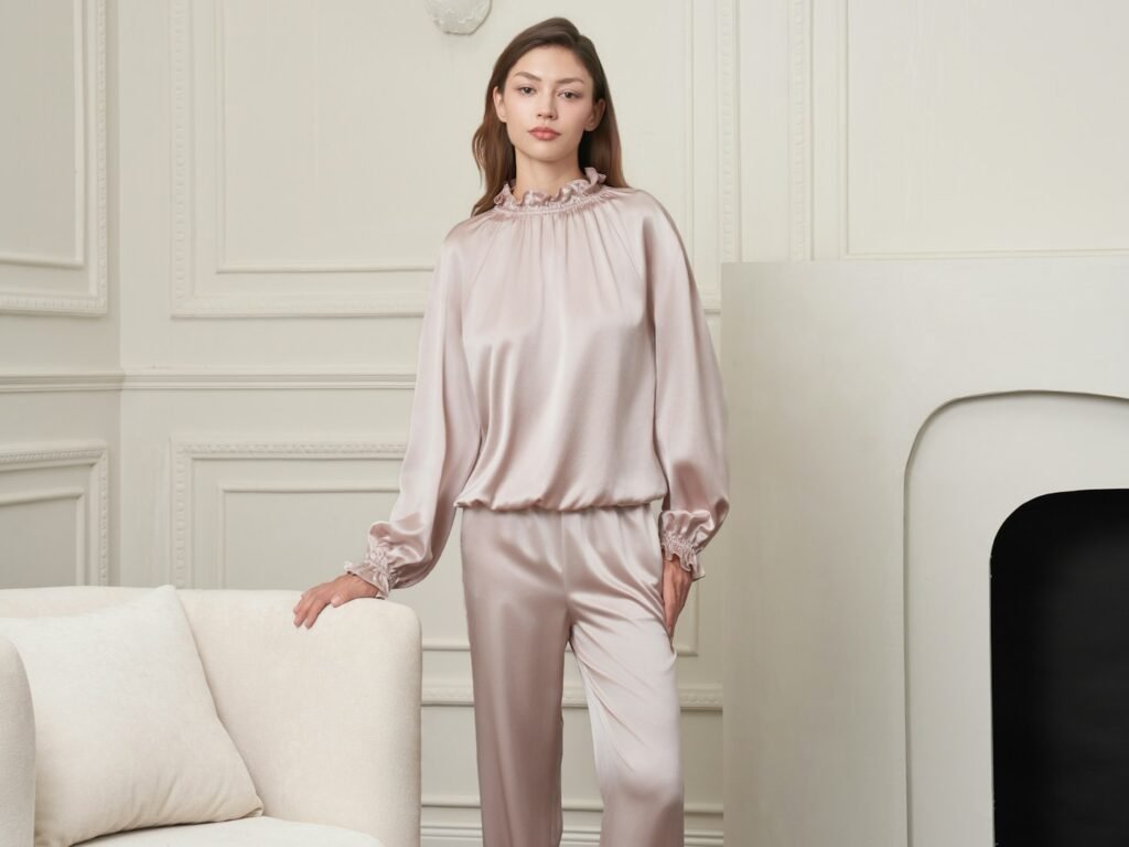Blouse en satin rose poudré à col froncé