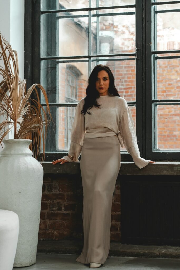 Ensemble pull et jupe longue en maille crème